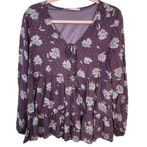 Altard State Floral Tunic Long Sleeve Tie‎ V Neck Top Plum, Small Cottagecore